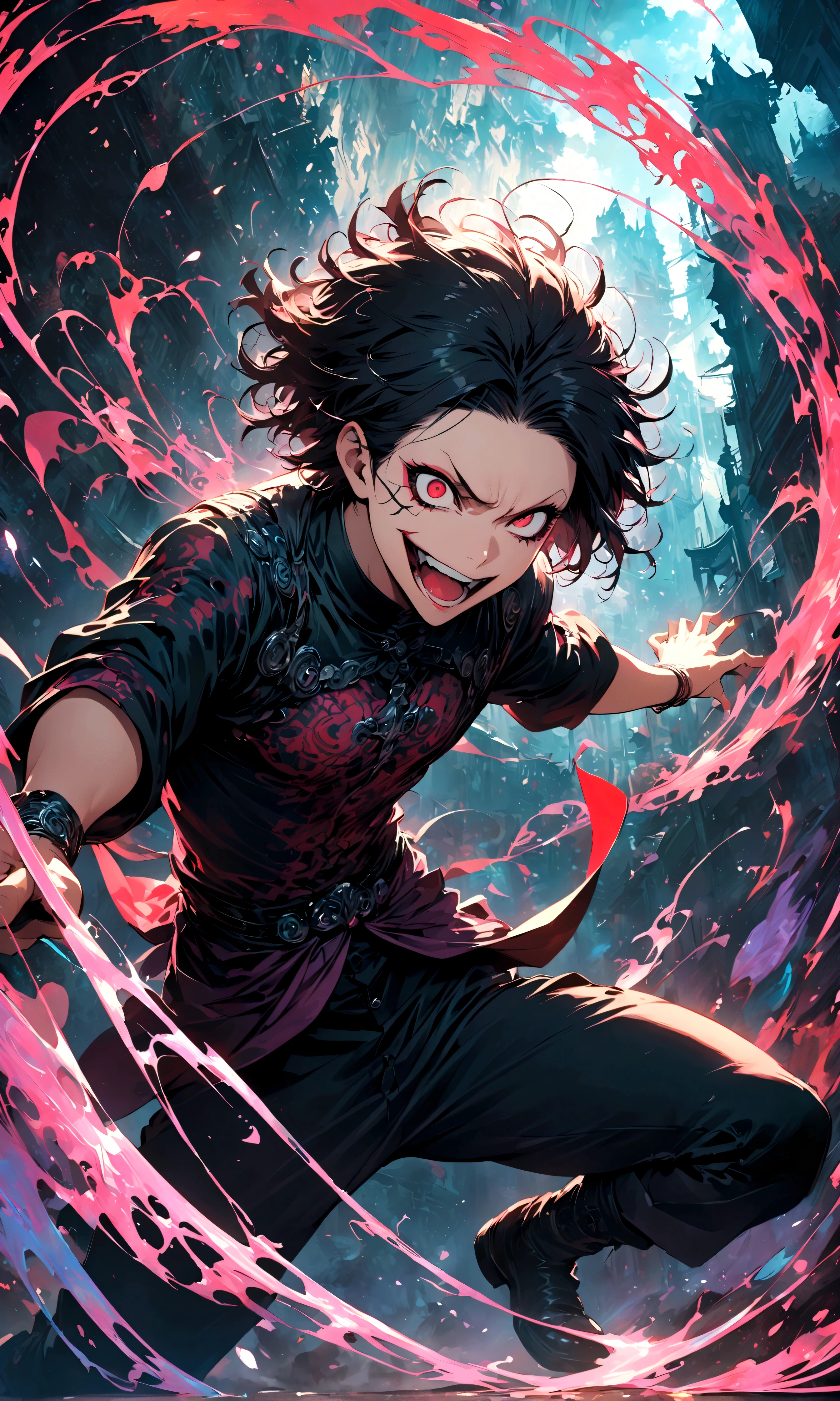 1 male,Jinmu,Tokyo Ghoul,,Ishida Sui's style,Intricate details,Use black and white as the main colors,decadent,artwork,Rendering,Dynamic poses,(masterpiece:1.3),(best quality:1.4),(Extremely detailed:1.5),high resolution,Extremely detailed,Unity 8K wallpaper,Dark Fantasy,glare,Fighting Style,Crazy smile,tangled,Best color balance,