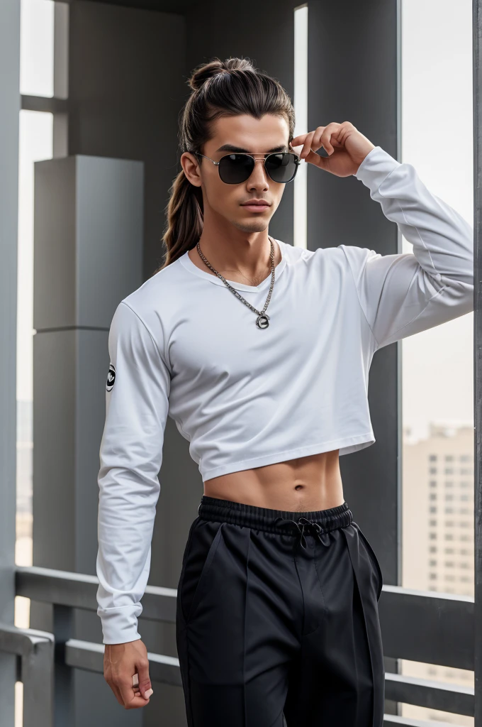 A 19 years old boy, handsome look,long silky hair with man bun hairstyle,fit & jym body,wear a combraided silvar full trousers ,chanel low top trainer cc white neavy men's shoo,shadow taskforce full sleeve black t shirt, holding a dita Eplx.08 unisex dark gray aviator sunglass ,real looking face,8k quality 