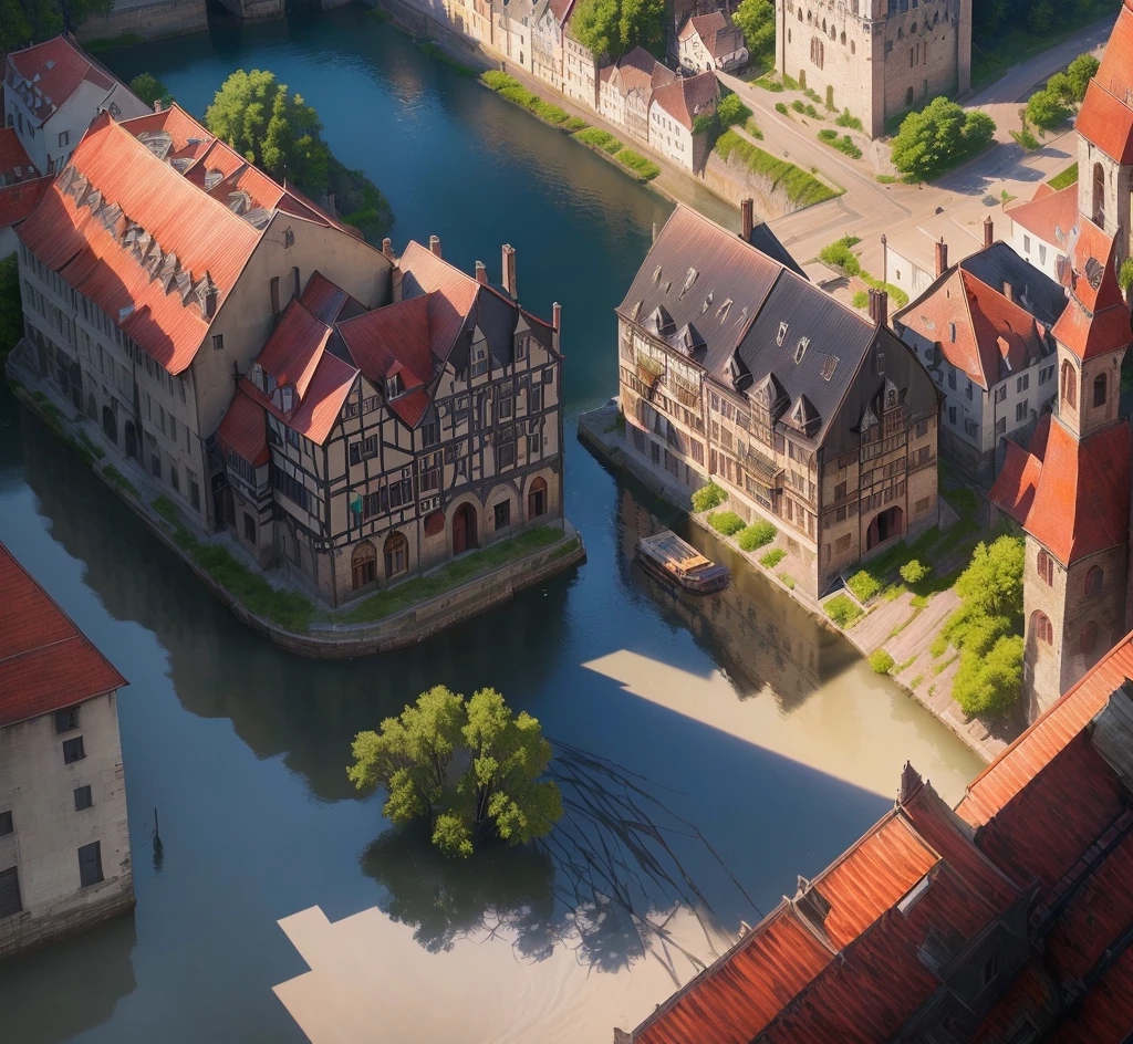 Realism画风,Demonize,A town, There is a river next to it,Sun exposure,Real shadows,roof,Magic,Realism,Medieval architecture,Lots of details, Real photos of the town, Concept Art,The art of math,Clean background, Delicate shine, The art of math, Best quality,Perfect details
