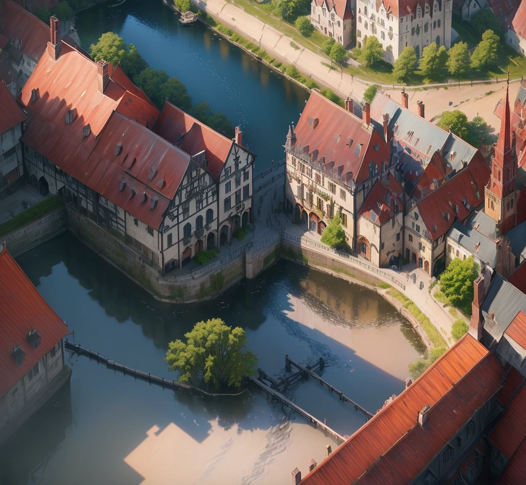 Realism画风,Demonize,A town, There is a river next to it,Sun exposure,Real shadows,roof,Magic,Realism,Medieval architecture,Lots of details, Real photos of the town, Concept Art,The art of math,Clean background, Delicate shine, The art of math, Best quality,Perfect details