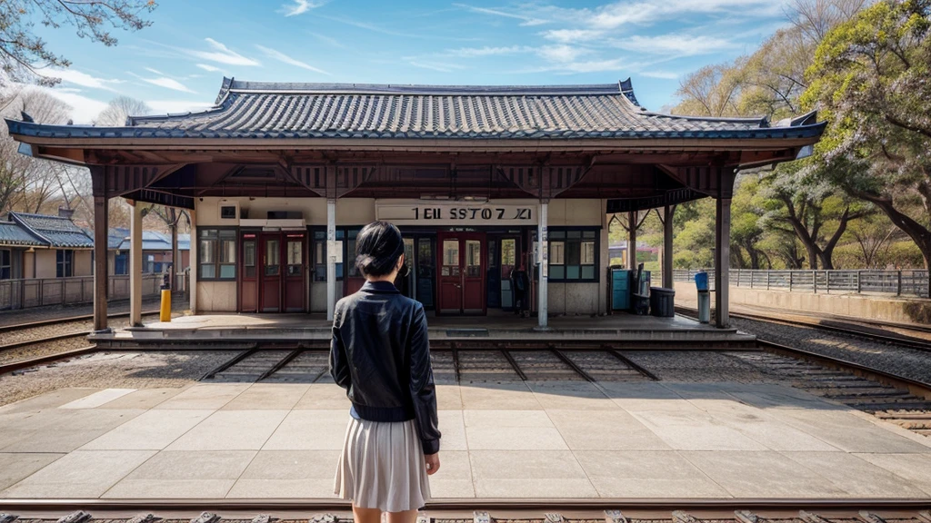 1lady solo, (from side) (side profile), standing, (stylish calm outfit) spring-like, mature female, /(black hair/) bangs, (facing away), (masterpiece best quality:1.2) delicate illustration ultra-detailed, medium breasts BREAK (train station platform:1.2) (very small station), roof, noon, (cherry blossom:0.8), blue sky, detailed background, distance view