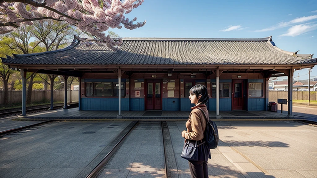 1lady solo, (from side) (side profile), standing, (stylish calm outfit) spring-like, mature female, /(black hair/) bangs, (facing away), (masterpiece best quality:1.2) delicate illustration ultra-detailed, medium breasts BREAK (train station platform:1.2) (very small station), roof, noon, (cherry blossom:0.8), blue sky, detailed background, distance view