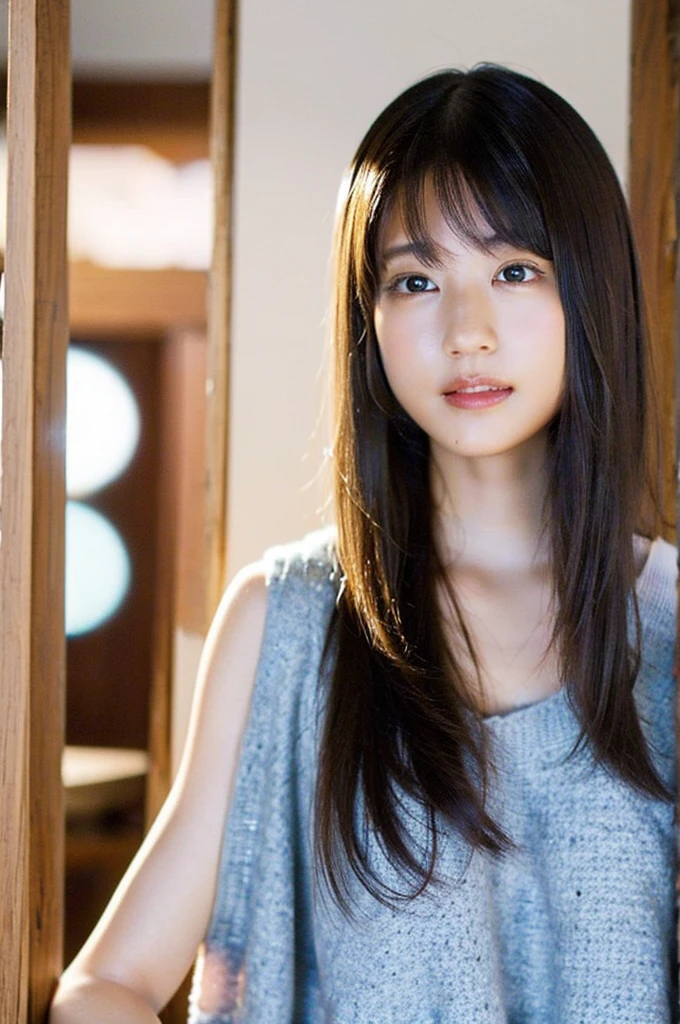(8K、RAW Photos、top-quality、masterpiece:1.2)、(realisitic、Photorealsitic:1.37)、ultra-detailliert、超A high resolution、 1 人、see the beholder、(((White realistic human skin)))、flowy hair、beautifull detailed face、A smile、牙、(feathercut: 0.6)、Cute dresses、profetional lighting、Detailed room、in a house、