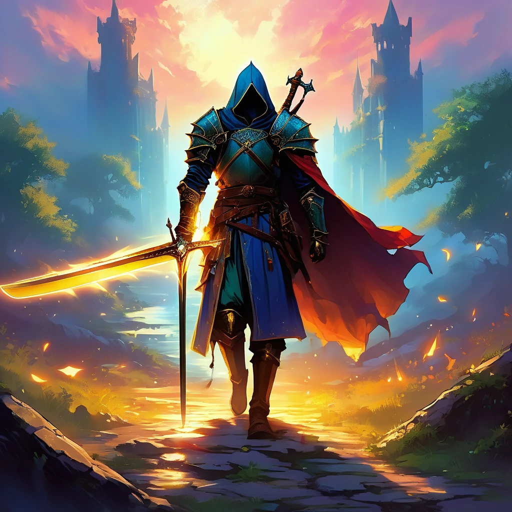 Envision an ancient sword standing upright, its blade embedded in the ground of a forgotten battlefield in a medieval fantasy realm. The sword, forged from a rare and enchanted metal, is adorned with intricate runes and symbols that glow faintly with a mysterious light. Its hilt is wrapped in aged leather, with a large gem set in the pommel, radiating an aura of immense power and history. Surrounding the sword are remnants of a bygone era—scattered armor pieces, broken shields, and overgrown vegetation reclaiming the land. The sky above is tinged with the colors of a fading sunset, casting long shadows across the scene. Capture the sense of timeless legend and epic tales as this ancient sword waits for the worthy hero destined to wield it once more in the heart of this enchanted, medieval fantasy world."