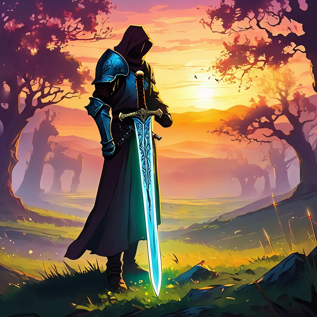 Envision an ancient sword standing upright, its blade embedded in the ground of a forgotten battlefield in a medieval fantasy realm. The sword, forged from a rare and enchanted metal, is adorned with intricate runes and symbols that glow faintly with a mysterious light. Its hilt is wrapped in aged leather, with a large gem set in the pommel, radiating an aura of immense power and history. Surrounding the sword are remnants of a bygone era—scattered armor pieces, broken shields, and overgrown vegetation reclaiming the land. The sky above is tinged with the colors of a fading sunset, casting long shadows across the scene. Capture the sense of timeless legend and epic tales as this ancient sword waits for the worthy hero destined to wield it once more in the heart of this enchanted, medieval fantasy world."