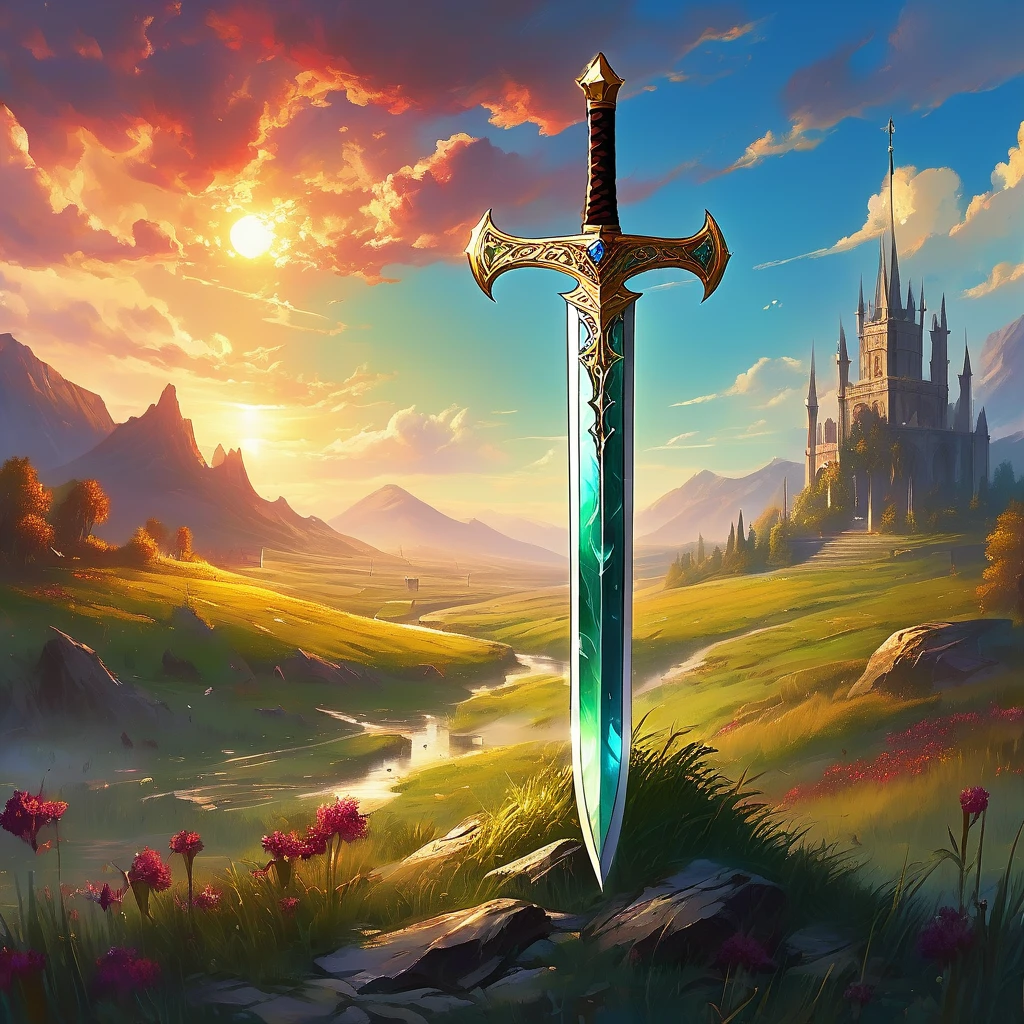 Envision an ancient sword standing upright, its blade embedded in the ground of a forgotten battlefield in a medieval fantasy realm. The sword, forged from a rare and enchanted metal, is adorned with intricate runes and symbols that glow faintly with a mysterious light. Its hilt is wrapped in aged leather, with a large gem set in the pommel, radiating an aura of immense power and history. Surrounding the sword are remnants of a bygone era—scattered armor pieces, broken shields, and overgrown vegetation reclaiming the land. The sky above is tinged with the colors of a fading sunset, casting long shadows across the scene. Capture the sense of timeless legend and epic tales as this ancient sword waits for the worthy hero destined to wield it once more in the heart of this enchanted, medieval fantasy world."