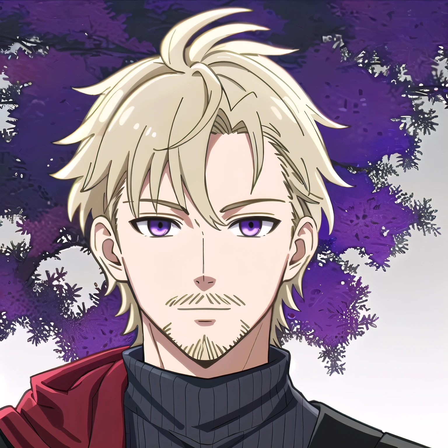 (high-quality, breathtaking),(expressive eyes, perfect face) 1boy, male , solo, 40yrs old, adult age, short hair length, blonde hair color, purple eye color, forest background, bright background, slightly narrow eyes, amethyst necklace, portrait, Symmetrical Eyes, headshot, spiky hair, adventurer profession, aura guardian, explorer attire, charming smile, modern fantasy, bard inspired, dad vibe, Loid Forger inspired, red scarf, black sleeveless turtleneck, trenchcoat, brd_glam, slight wrinkles, facial hair, beard and moustache
