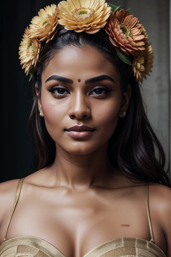 Extremely gorgeous, round face, shoot for a famous cosmetics brand, shoot for top health magazine cover Page, bold photoshoot, bold looks, body positivity, stunning beauty, ravishing, spicy hot, sizzling hot, sensual shoot, artistic sensual photograpy, thick figure, curvy, Thick navel, sexy tempting lady, sexy navel folds, fleshy figure, woman with a flower in her hair and a flower in her hair, closeup portrait shot, movie stills photography, traditional beauty, body sweat, glistening skin, skin texture, skin pores, traditional clothes , traditional female hairstyles, pretty face!!, shot on sony alpha dslr-a300, indian woman with brown skin, indian goddess, traditional makeup, movie stills, actress, close - up portrait shot, detailed portrait shot
