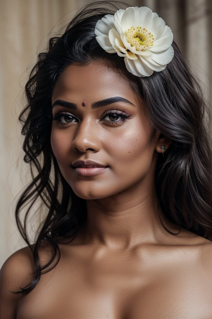 Extremely gorgeous, round face, shoot for a famous cosmetics brand, shoot for top health magazine cover Page, bold photoshoot, bold looks, body positivity, stunning beauty, ravishing, spicy hot, sizzling hot, sensual shoot, artistic sensual photograpy, thick figure, curvy, Thick navel, sexy tempting lady, sexy navel folds, fleshy figure, woman with a flower in her hair and a flower in her hair, closeup portrait shot, movie stills photography, traditional beauty, body sweat, glistening skin, skin texture, skin pores, traditional clothes , traditional female hairstyles, pretty face!!, shot on sony alpha dslr-a300, indian woman with brown skin, indian goddess, traditional makeup, movie stills, actress, close - up portrait shot, detailed portrait shot