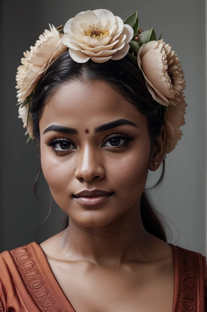 Extremely gorgeous, round face, shoot for a famous cosmetics brand, shoot for top health magazine cover Page, bold photoshoot, bold looks, body positivity, stunning beauty, ravishing, spicy hot, sizzling hot, sensual shoot, artistic sensual photograpy, thick figure, curvy, Thick navel, sexy tempting lady, sexy navel folds, fleshy figure, woman with a flower in her hair and a flower in her hair, closeup portrait shot, movie stills photography, traditional beauty, body sweat, glistening skin, skin texture, skin pores, traditional clothes , traditional female hairstyles, pretty face!!, shot on sony alpha dslr-a300, indian woman with brown skin, indian goddess, traditional makeup, movie stills, actress, close - up portrait shot, detailed portrait shot