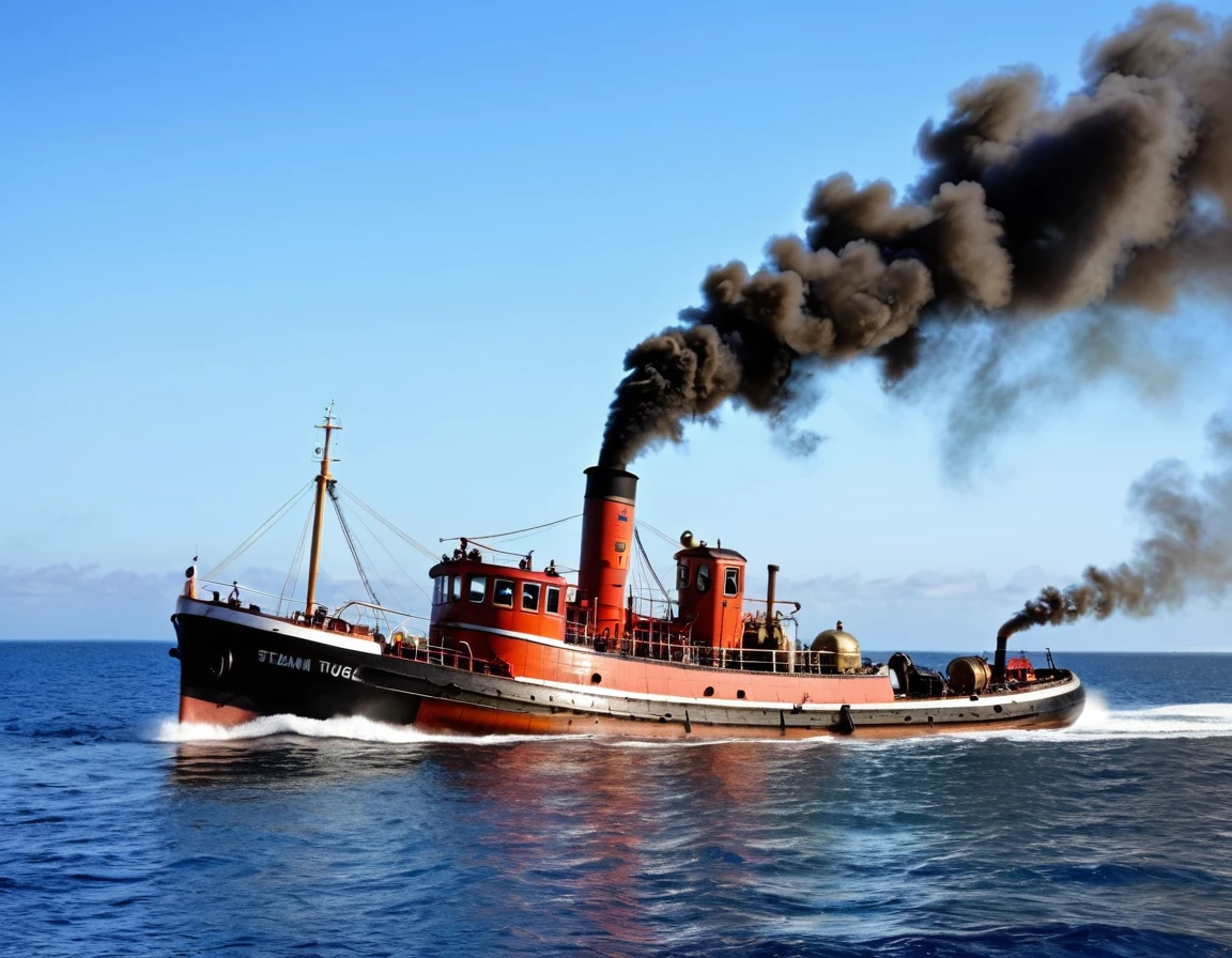 Old steam tug. working hard. Open sea. clear blue sky. one central smoking funnel behind wheel house (brown smoke)