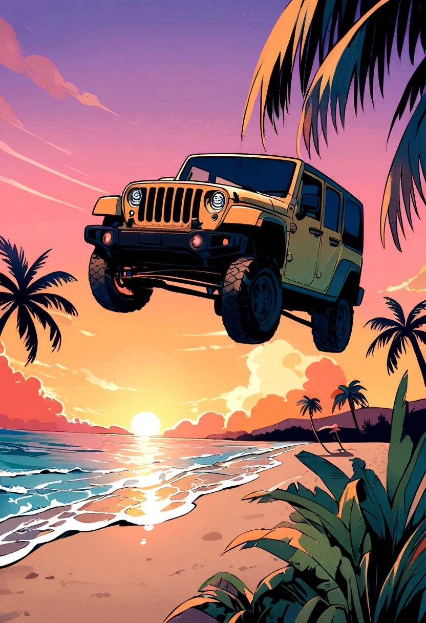 Sticker design, Jeep Gladiator Gravity, Sunset background, Palm tree, 5 layers of color, Beach by the sea,