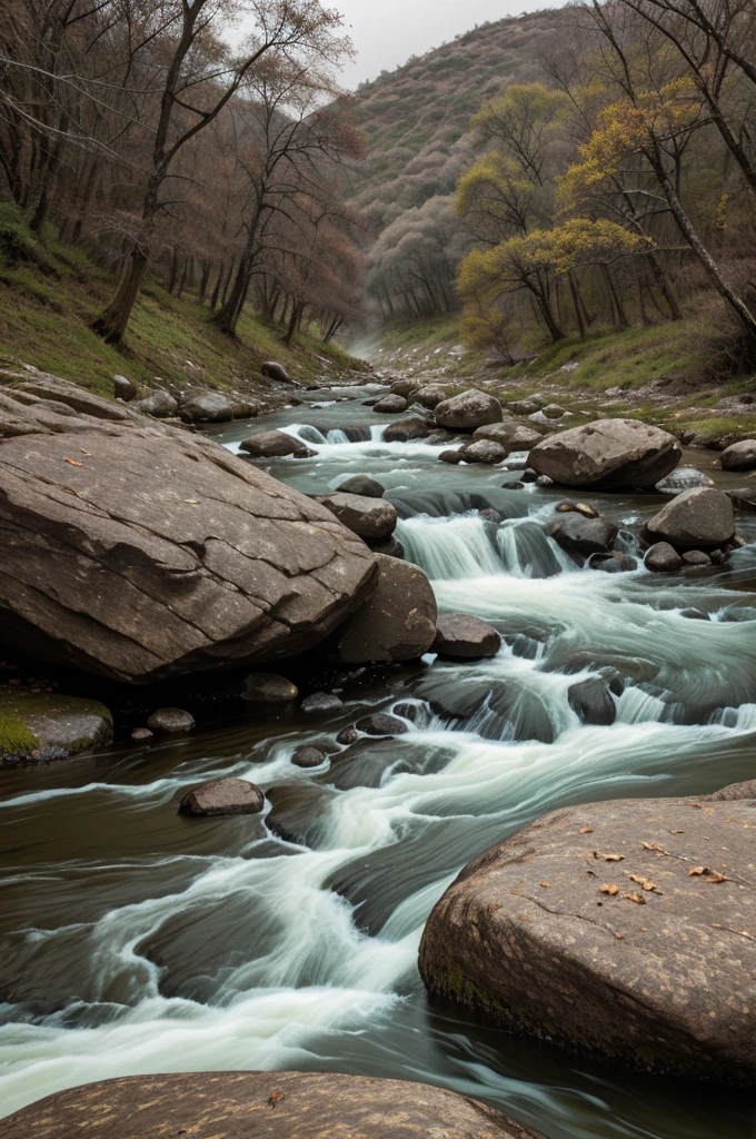Whispers of the Riverbank: A lone figure sits on a weathered rock by a rushing river. Leaves with faint etchings of memories swirl around them. In the distance, faint figures fade into the mist, representing those who have come and gone.