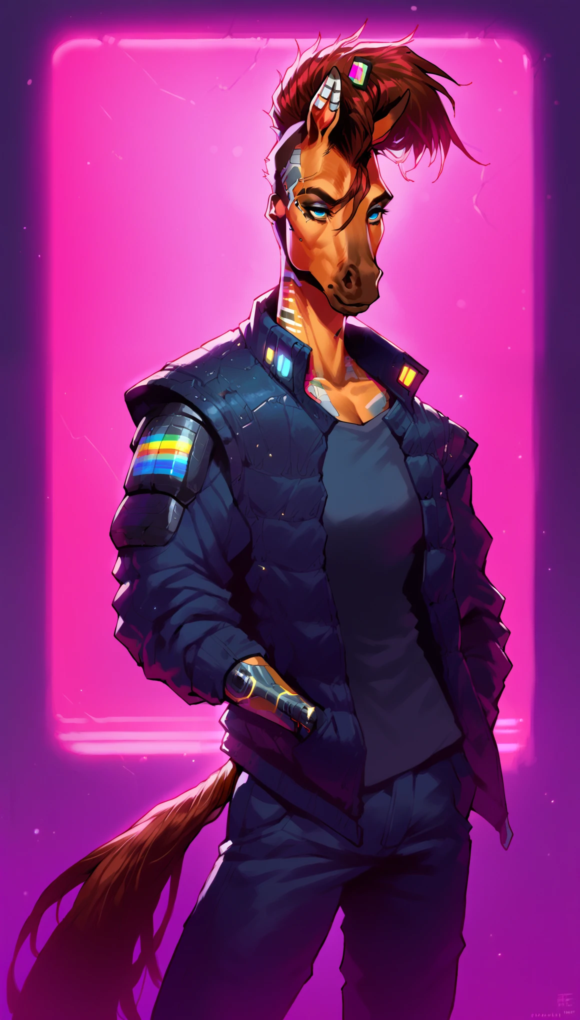 score_9, score_8_up, score_7_up, (cyberpunk buildings, cyberpunk neon signs, cyberpunk cars, cyberpunk-style city on background),
((Horse:1.2), anthro, solo, female, (closeup, portrait, standing), (holding), ((wearing clothes)), ((have fur)), beautiful, (have cyberpunk augmentations, cyberpunk implants, cyberpunk-style additions:1.75)