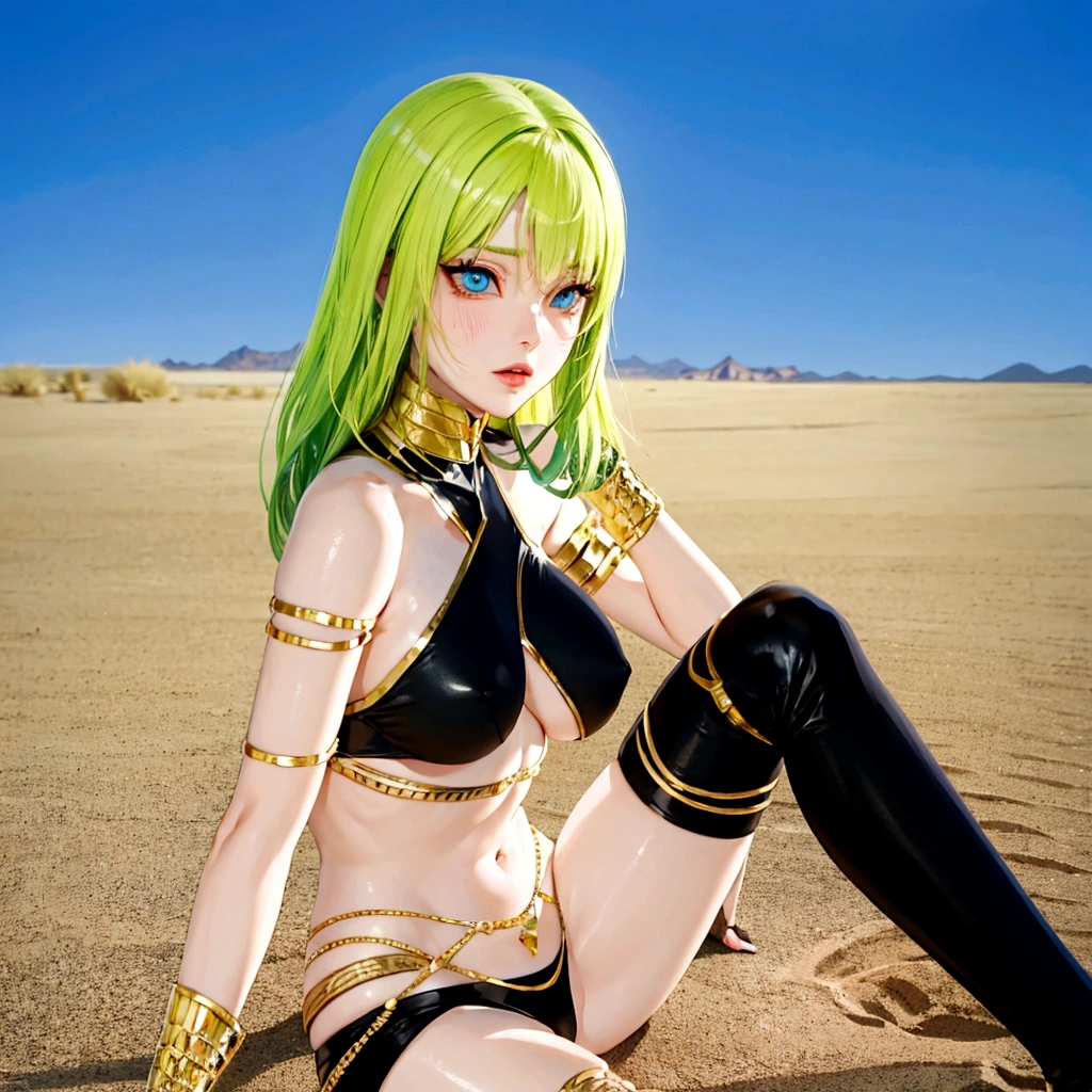 Blue Eyes、Sweating、Anime girl sitting on the beach with legs crossed, In the desert, Blonde emerald warrior, Somewhere in the desert, In the desert, Desert Fantasy, y reptilian humanoid woman, In the desert, Anime Goddess, Green skin!!, In the desert, Created by Anime Painter Studio, Anime-style 3D, second life avatar