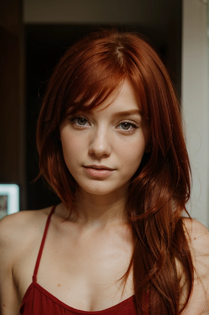 red hair 25 years old woman beautiful wearing a red dress ,different colour eyes one eye blue and the other eye brown, big brest,ultra high 