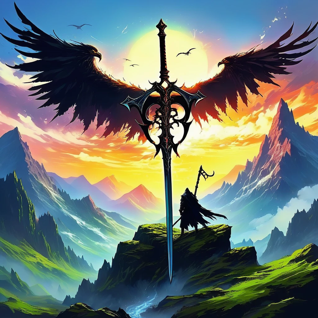 Picture a medieval fantasy scythe resting against a weathered stone in the heart of a towering mountain range, its presence juxtaposed against the rugged terrain. Crafted from dark, enchanted metal, the scythe's curved blade gleams with a mystical sheen, etched with ancient runes that faintly glow with latent power. Moss and lichen cling to the scythe's handle, hinting at its long history amidst the mountain's solitude. Above, eagles soar through the crisp mountain air, their cries echoing across the vast expanse. Surrounding the scythe, jagged peaks rise majestically, their snow-capped summits piercing the sky. Capture the sense of mystique and adventure in this rugged mountain setting, where the formidable scythe stands as a testament to both the harsh beauty of nature and the enduring legends of medieval fantasy.