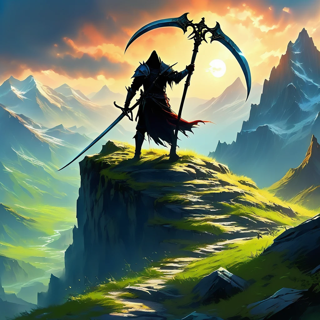 Picture a medieval fantasy scythe resting against a weathered stone in the heart of a towering mountain range, its presence juxtaposed against the rugged terrain. Crafted from dark, enchanted metal, the scythe's curved blade gleams with a mystical sheen, etched with ancient runes that faintly glow with latent power. Moss and lichen cling to the scythe's handle, hinting at its long history amidst the mountain's solitude. Above, eagles soar through the crisp mountain air, their cries echoing across the vast expanse. Surrounding the scythe, jagged peaks rise majestically, their snow-capped summits piercing the sky. Capture the sense of mystique and adventure in this rugged mountain setting, where the formidable scythe stands as a testament to both the harsh beauty of nature and the enduring legends of medieval fantasy.