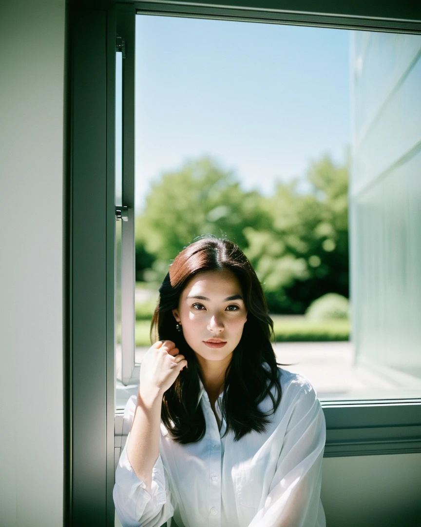 there is a woman that is looking out of a window, shot with sigma f/ 4.2, shot with sigma f / 4. 2, lofi portrait at a window, captured on canon eos r 6, taken with sigma 2 0 mm f 1. 4, shot on leica sl2, shot in canon 50mm f/1.2