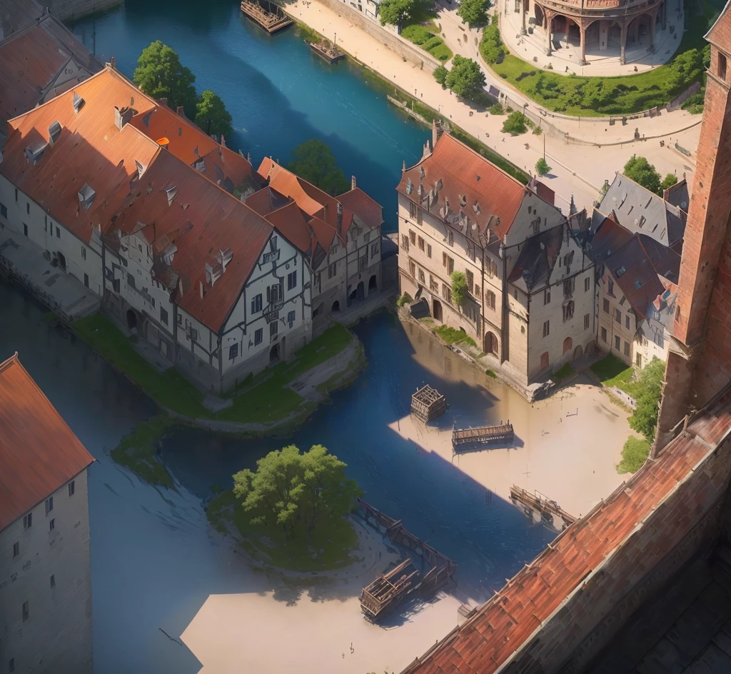 Realism画风,Demonize,A town, There is a river next to it,Sun exposure,Real shadows,roof,Magic,Realism,Medieval architecture,Lots of details, Real photos of the town, Concept Art,The art of math,Clean background, Delicate shine, The art of math, Best quality,Perfect details