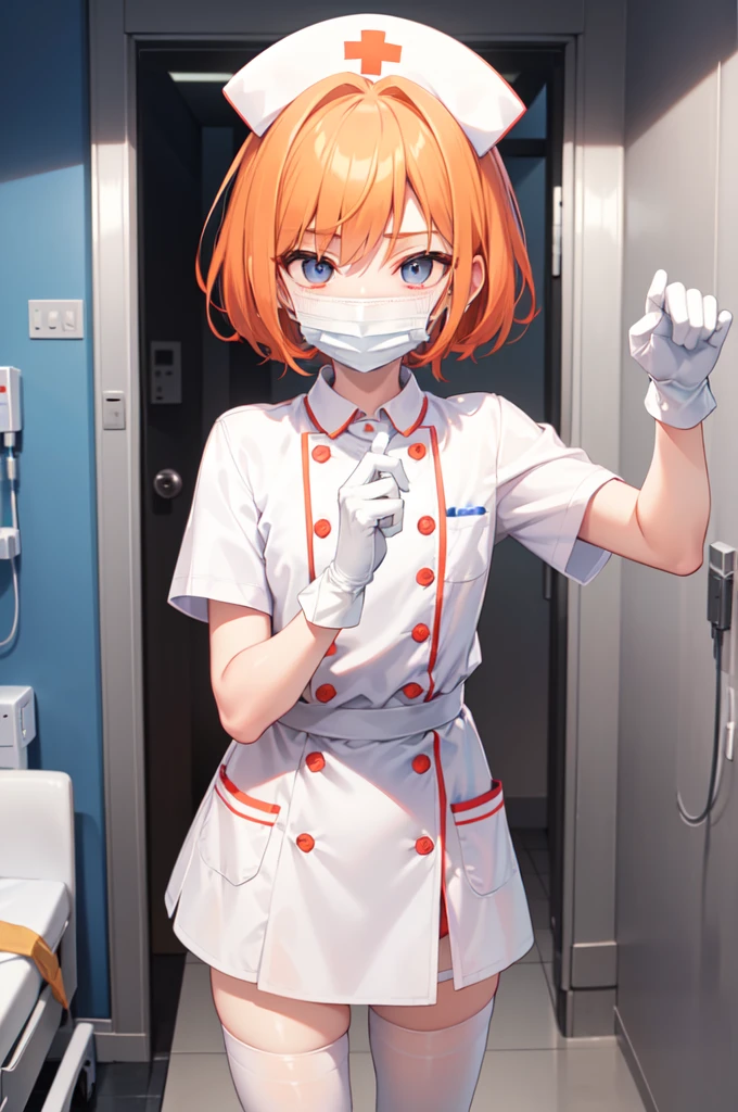 1boy, solo, male focus, nurse, white nurse cap, white nurse uniform, ((white legwear, zettai ryouiki)), white gloves, short hair, orange hair, ((white surgical mask, covered nose)), standing, ((hospital room)), sharp outline, short sleeves, shota, , best quality, masterpiece