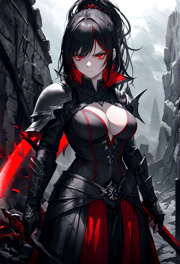 a woman with black hair and white streaks, sad expression, holding a large red sword, detailed red eyes, detailed red sword, cinematic lightning, dramatic lighting, dark fantasy, dramatic atmosphere, epic fantasy, dark moody, dark and gritty, photorealistic, 8k, highly detailed, masterpiece
