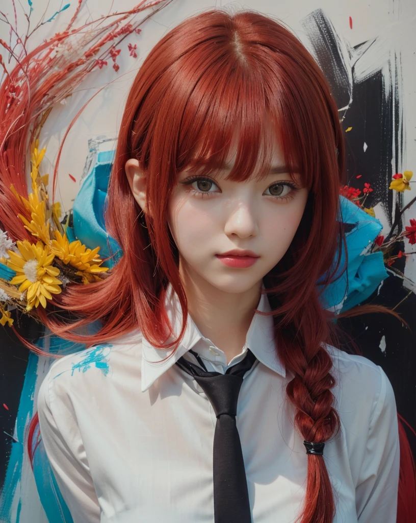 cute girl with red hair and a tie in front of a colorful background, style 4 k, portrait girl, portrait of an girl