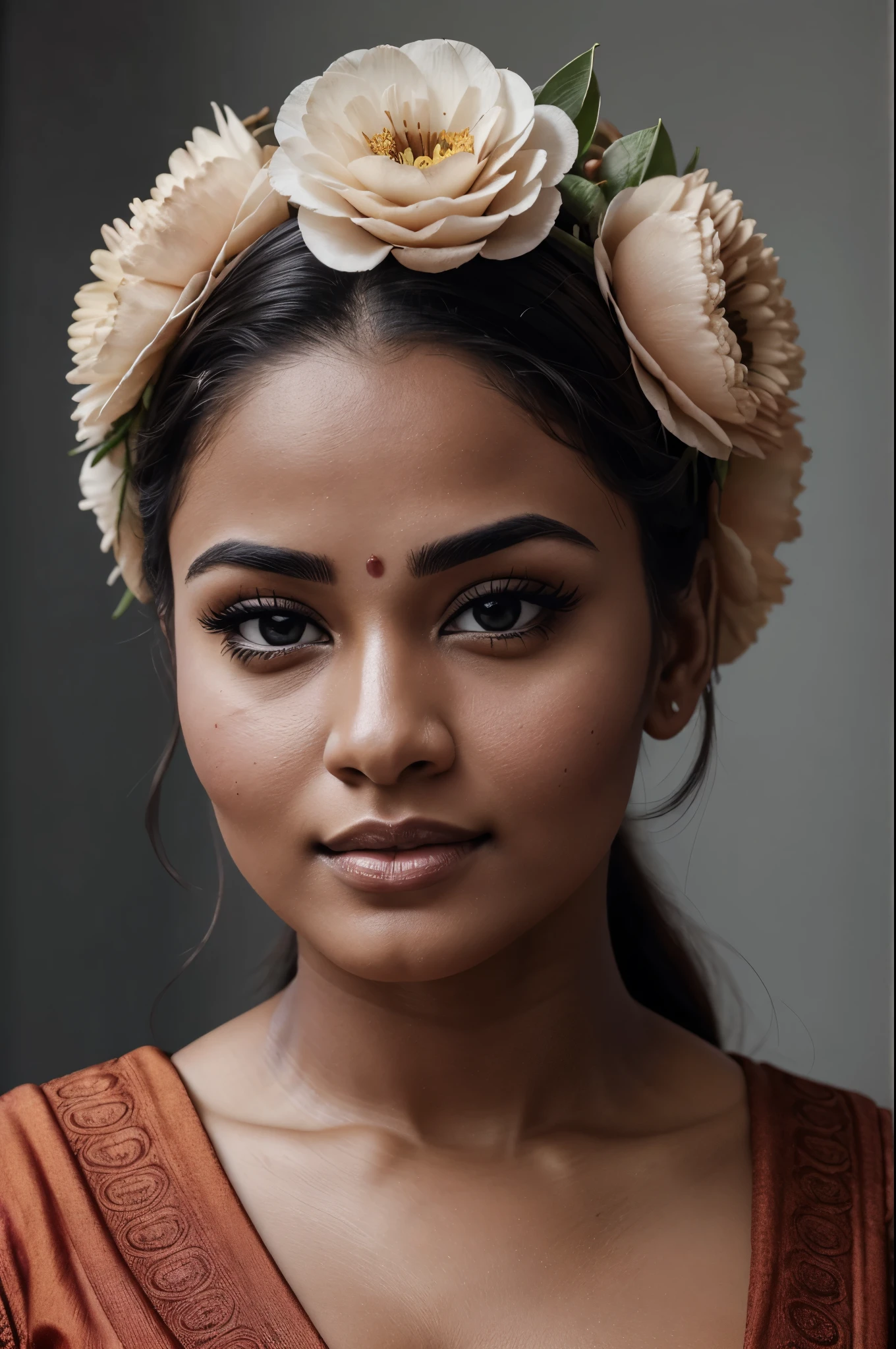 Extremely gorgeous, round face, shoot for a famous cosmetics brand, shoot for top health magazine cover Page, bold photoshoot, bold looks, body positivity, stunning beauty, ravishing, spicy hot, sizzling hot, sensual shoot, artistic sensual photograpy, thick figure, curvy, Thick navel, sexy tempting lady, sexy navel folds, fleshy figure, woman with a flower in her hair and a flower in her hair, closeup portrait shot, movie stills photography, traditional beauty, body sweat, glistening skin, skin texture, skin pores, traditional clothes , traditional female hairstyles, pretty face!!, shot on sony alpha dslr-a300, indian woman with brown skin, indian goddess, traditional makeup, movie stills, actress, close - up portrait shot, detailed portrait shot
