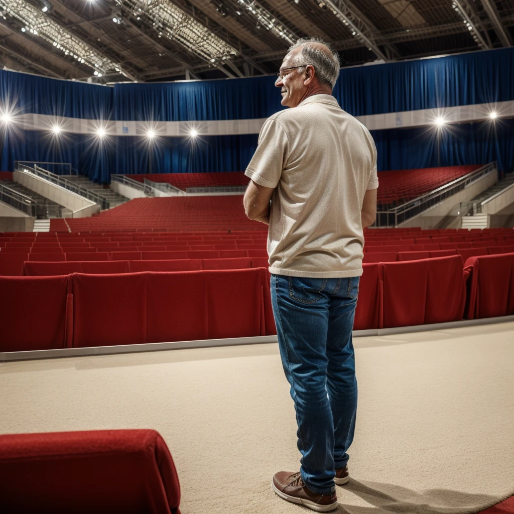 Back photo, There is only one middle-aged man in the photo with his back to the camera,He is dressed in casual clothes,at the International Exhibition Conference Hall, speak confidently,He was speaking to many audiences in the audience