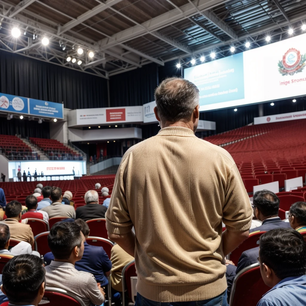Back photo, There is only one middle-aged man in the photo with his back to the camera,He is dressed in casual clothes,at the International Exhibition Conference Hall, speak confidently,He was speaking to many audiences in the audience