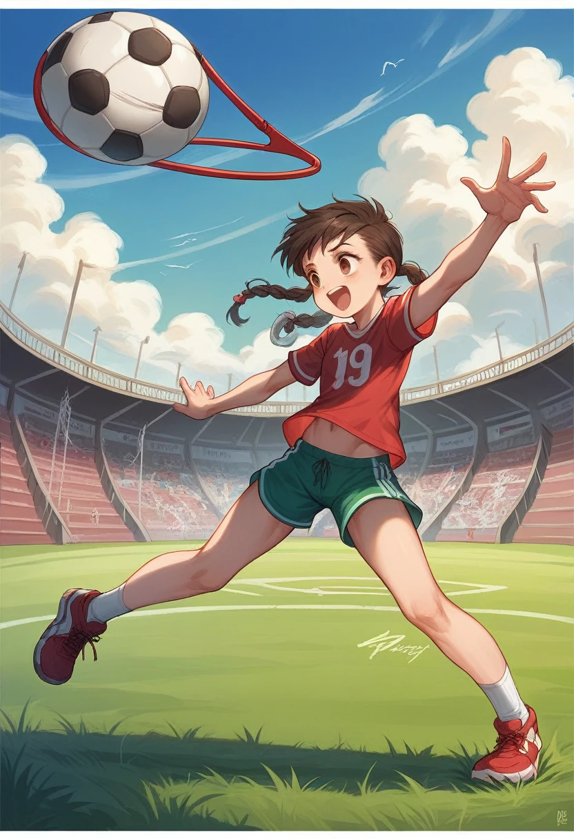 Italy. A realistic image of a -yeld giat a summer recreational center at a sports facility, surrounded by many children. She is wearing shorts and a t-shirt. The sky is very cloudy, indicating an overcast day. The girl is at the center of the image, engaging with the children around her. The background shows various sports equipment and activities typical of a summer camp, such as a soccer ball, jump ropes, and hula hoops. The setting includes a mix of grassy areas and playground structures. The overall atmosphere is lively and cheerful despite the cloudy weather