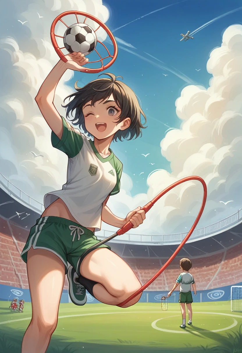 Italy. A realistic image of a -yeld giat a summer recreational center at a sports facility, surrounded by many children. She is wearing shorts and a t-shirt. The sky is very cloudy, indicating an overcast day. The girl is at the center of the image, engaging with the children around her. The background shows various sports equipment and activities typical of a summer camp, such as a soccer ball, jump ropes, and hula hoops. The setting includes a mix of grassy areas and playground structures. The overall atmosphere is lively and cheerful despite the cloudy weather