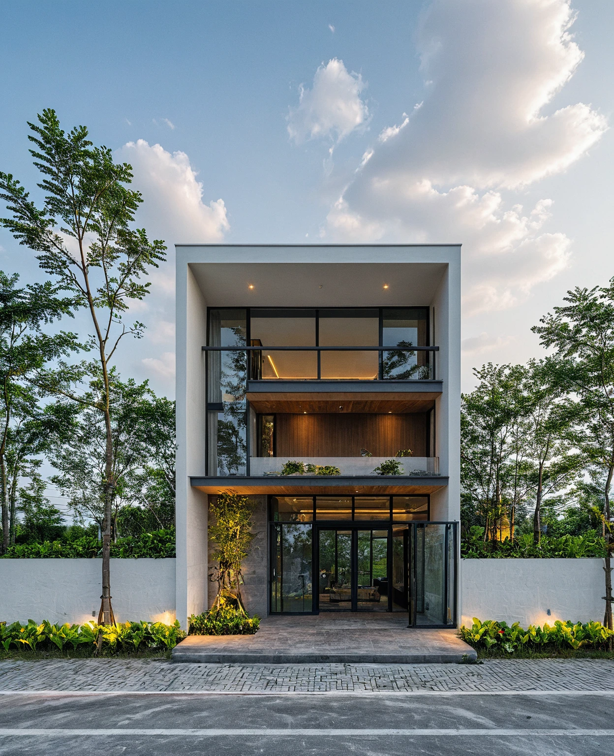 Masterpiece, high quality, best quality, authentic, super detail, outdoors, onestoreyvillaXL, aiaigroup, house style modern on the street ,stairs, white wall ,road,pavement, grass, trees, sky, cloud, (daylight:1.1)