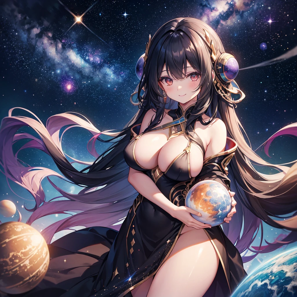 Woman with very long wavy black hair tan skin, massive breast, wearing a beautiful dark majenta glitter dress and smiling up. Little, surrounded by outerspace, planets, and galaxies