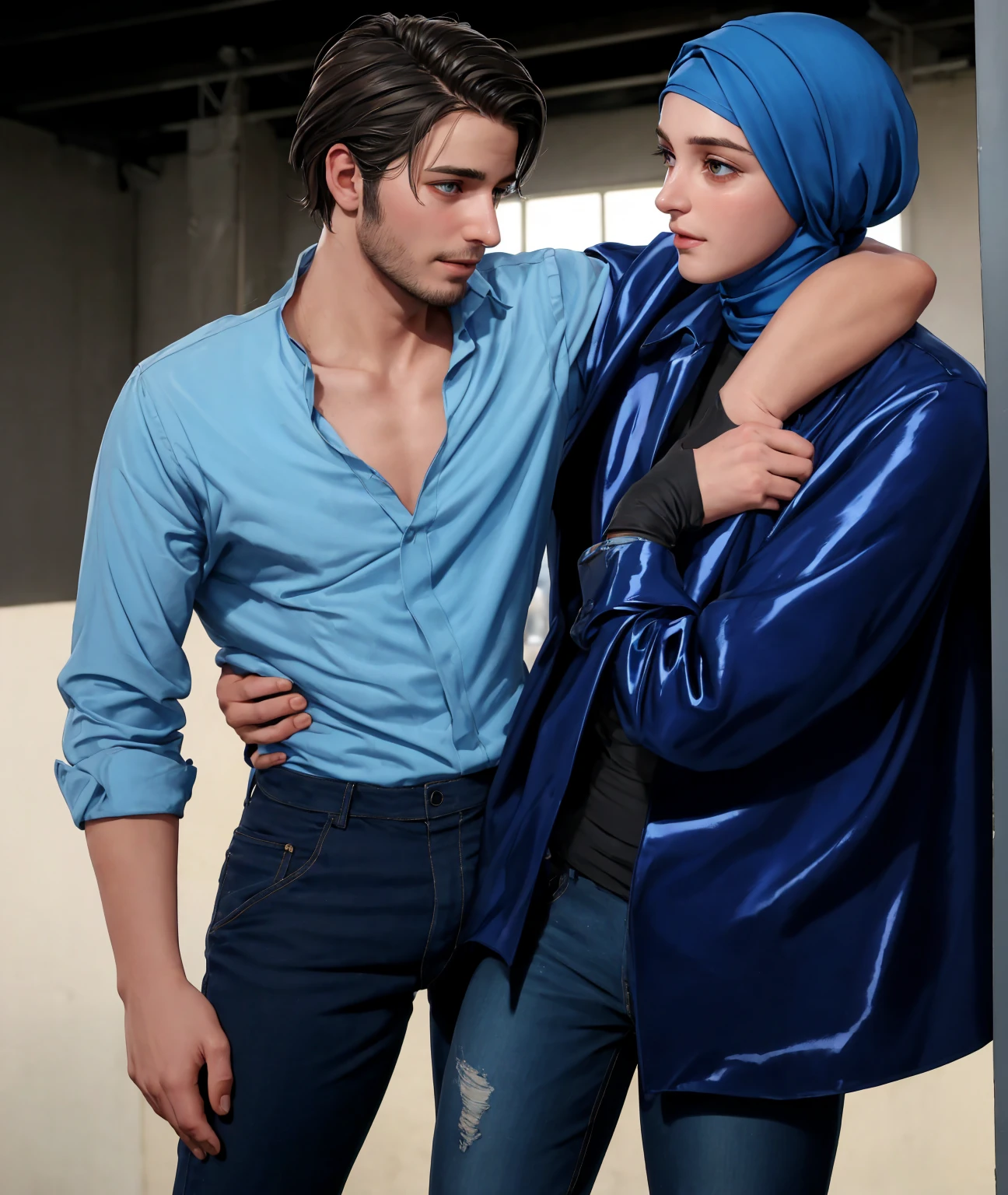 A young German man in a blue cotton shirt and jeans and a Syrian woman in a shiny plastic quilted coat and blue satin headscarf stand arm in arm in front of a refugee shelter, A German man in a cotton shirt and jeans is injured and is supported by a Syrian woman, A Syrian woman wearing a shiny plastic down coat supports an injured short-haired man, who can't walk alone, A Syrian woman wearing a headscarf holds an injured short-haired man in her arms, compassion, accident, injury, first aid, theater, ultra-realistic, photo