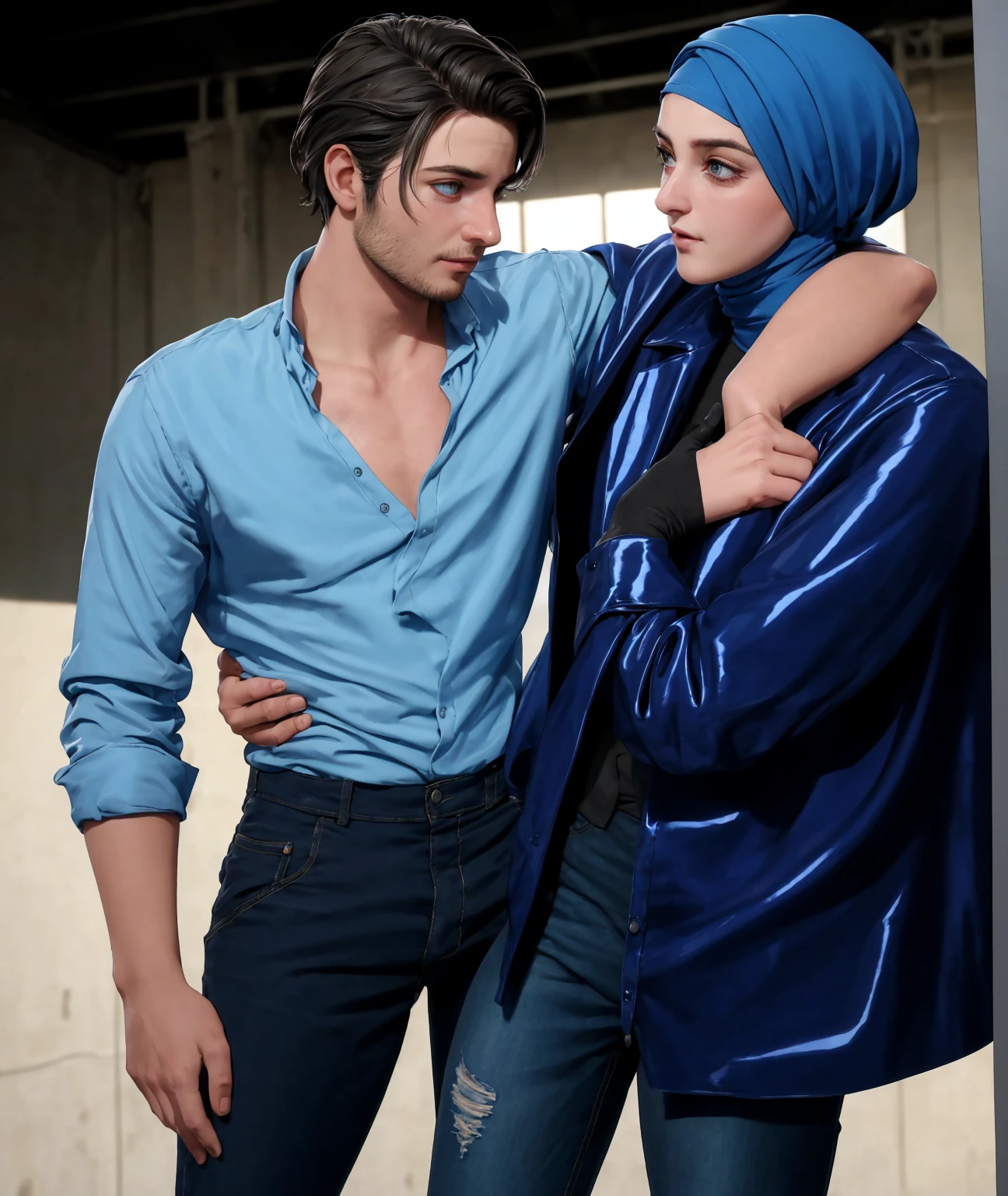 A young German man in a blue cotton shirt and jeans and a Syrian woman in a shiny plastic quilted coat and blue satin headscarf stand arm in arm in front of a refugee shelter, A German man in a cotton shirt and jeans is injured and is supported by a Syrian woman, A Syrian woman wearing a shiny plastic down coat supports an injured short-haired man, who can't walk alone, A Syrian woman wearing a headscarf holds an injured short-haired man in her arms, compassion, accident, injury, first aid, theater, ultra-realistic, photo