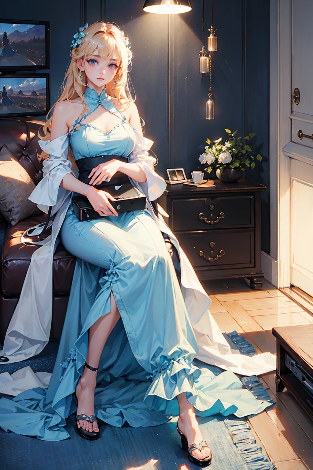 Photorealistic、Highest quality、Highest Resolution、Highest quality、8K、1人のBeautiful woman、Beautiful woman、Beautiful woman、Delicate face、テレビPlay games、Play games、watch tv、try as hard as one can、