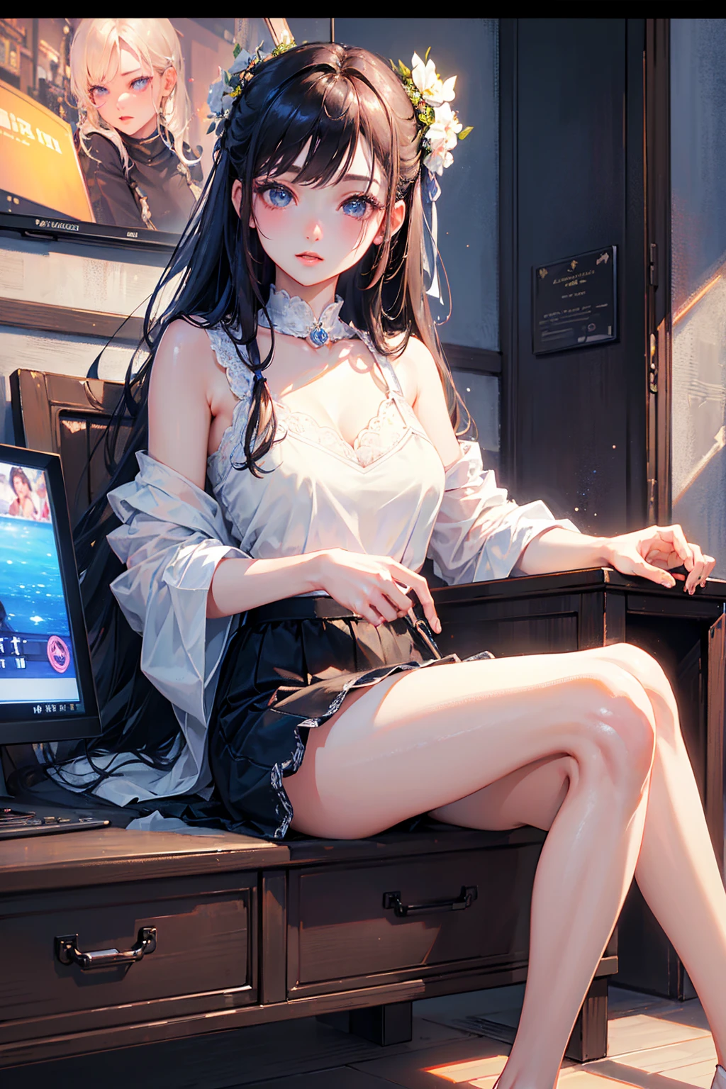 Photorealistic、Highest quality、Highest Resolution、Highest quality、8K、1人のBeautiful woman、Beautiful woman、Beautiful woman、Delicate face、テレビPlay games、Play games、watch tv、try as hard as one can、