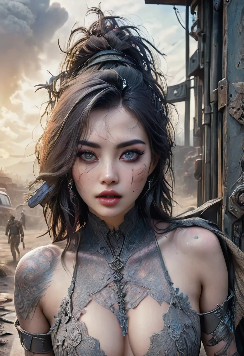 (best quality,4k,8k,highres,masterpiece:1.2),ultra-detailed,(realistic,photorealistic,photo-realistic:1.37),beautiful detailed eyes,beautiful detailed lips,extremely detailed eyes and face,longeyelashes,beautiful tattoed woman,woman wielding weapon,walking on apocalyptic world,apocalyptic landscape,zombies,dystopian,dark atmosphere,dramatic lighting,muted color palette,cinematic composition