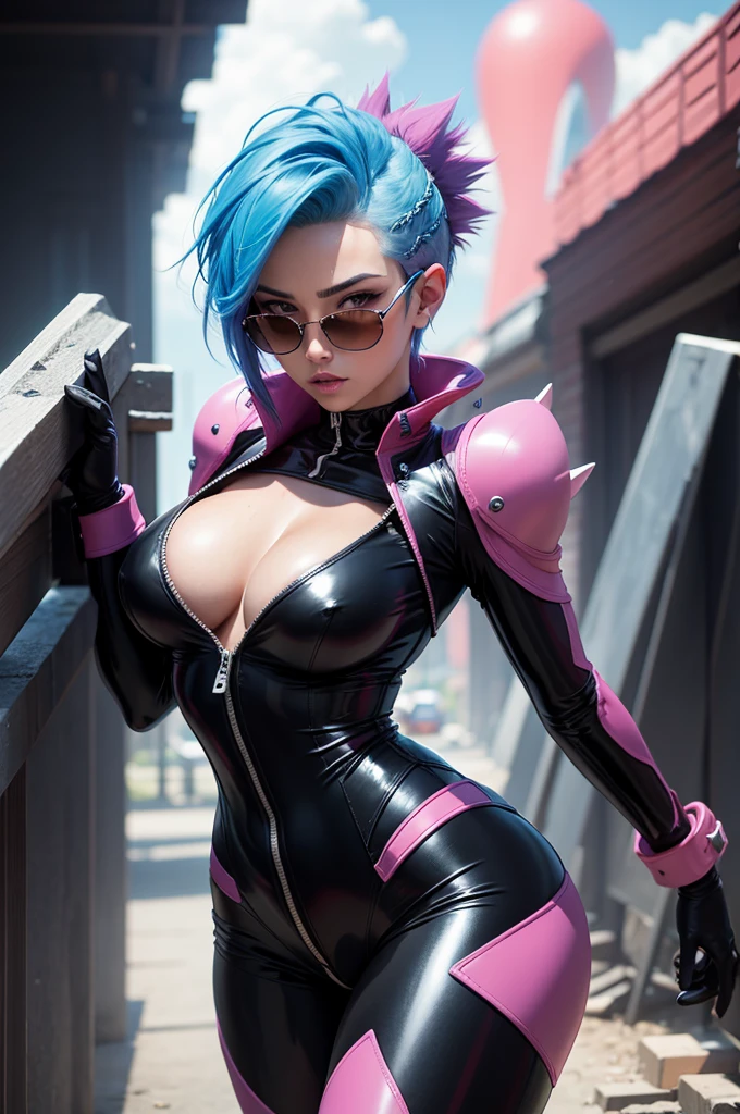 Zipp Storm from My Little Pony, spiky pink and blue hair, short hair, shades, latex bodysuit
