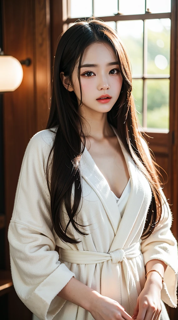 Close-up, masterpiece, Highest quality, Raw Photos, Photorealistic, face, Unbelievably ridiculous, Beautiful girls, cute,Long Hair、 Depth of written boundary, High resolution, Super detailed, Fine details, Very detailed, Very detailedな目とface, Sharp pupils, Realistic pupils, Sharp Focus, Cinematic Lighting、Upper Body、Bathrobes、Very large breasts