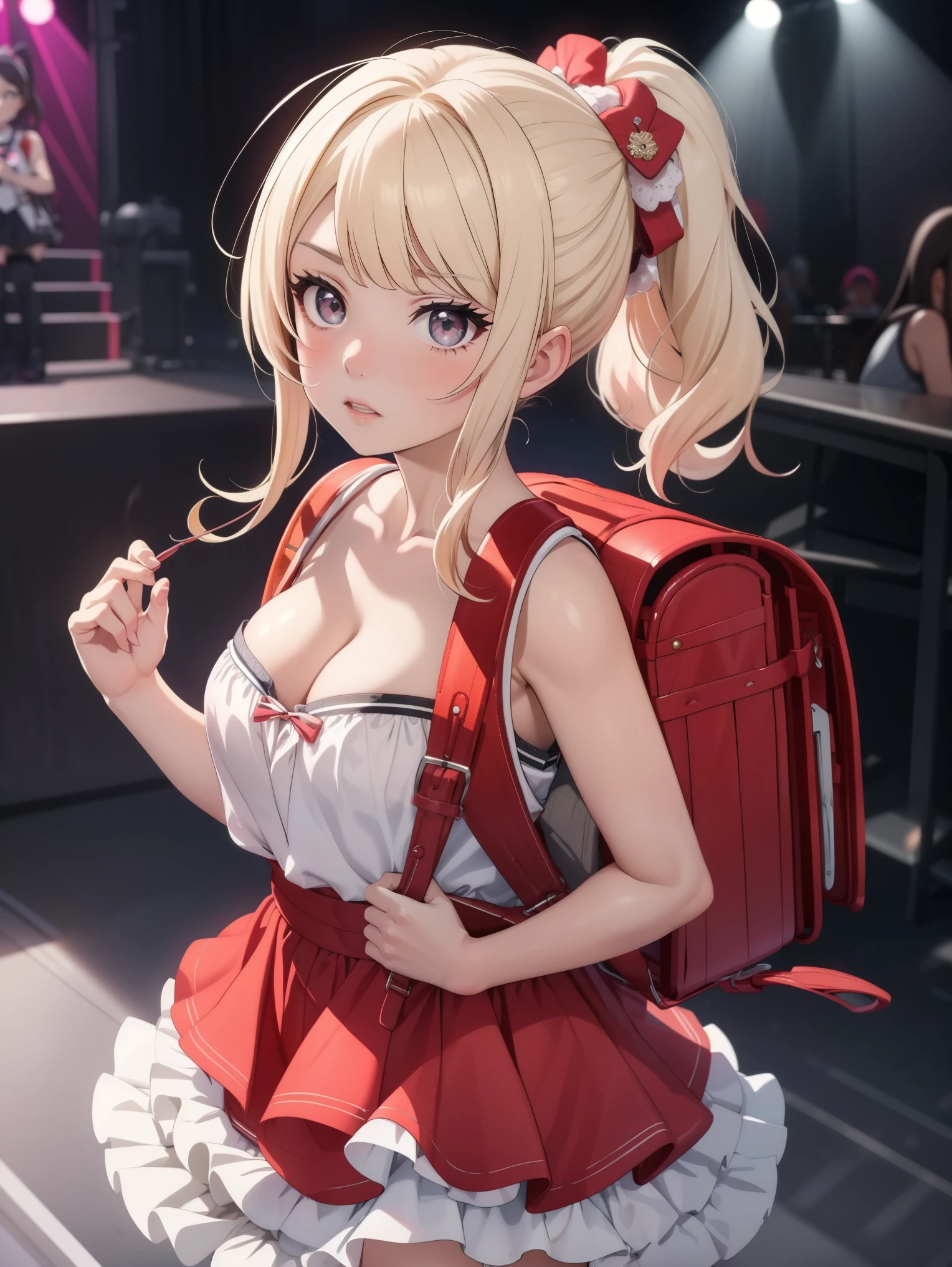 masterpiece, best quality, highly detailed, ultra high res, ayase arisa, 1girl, solo, hair ornament, blonde hair, ponytail, glossy lips, full lips, sleeveless idol dress, very puffy skirt, flared skirt, thigh highs, heeled boots, full body, cleavage, wearing red backpack, (backpack:1.2), indoor, stage