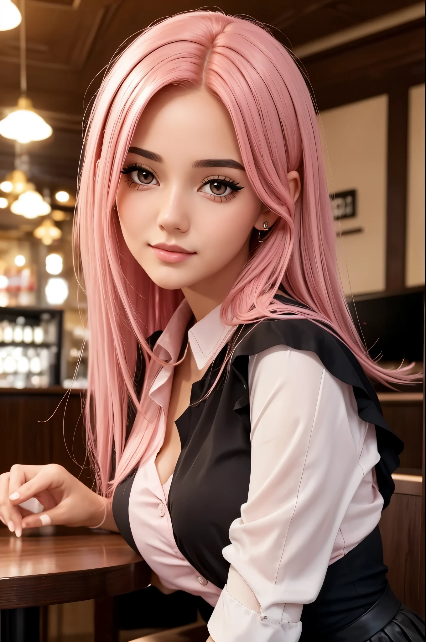 Beautiful girl with brown eyes and pink hair in a black blouse and short skirt sensual in a cafe close-up photo shoot