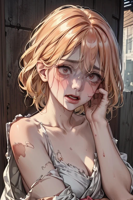 (best quality, highres, masterpiece:1.2), aoki1, brown eyes, freckles, standing, healthy skin, detailed lips, detailed eyes, long eyelashes, expressive face, medium breasts, upper body, (naked), soft lighting, vibrant colors, cum on face, (((headpated by a man, headpat))), (((blood, bruise))).