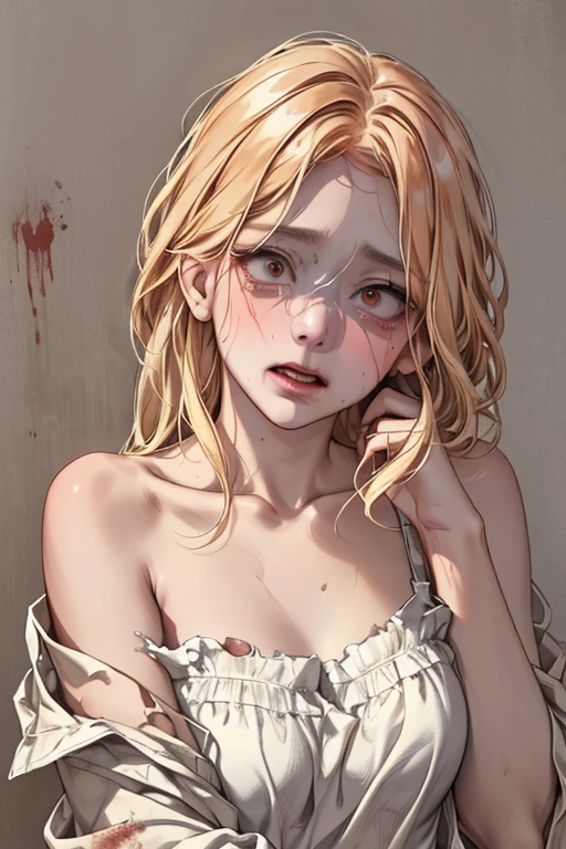 Highest quality, (Background details), , Frightened Eyes, Frightened face、, whole body、 Torn underwear、Urine, Urineを漏らす、Bruises、Blood、scratch、High Contrast, Super Beauty, Detailed original illustrations, Sensual, Delicate face, Charm, sexy, looking at the camera, Real breasts, Stalker, Pale skin, Bloodだらけ, A body covered in filth, Beautiful line art