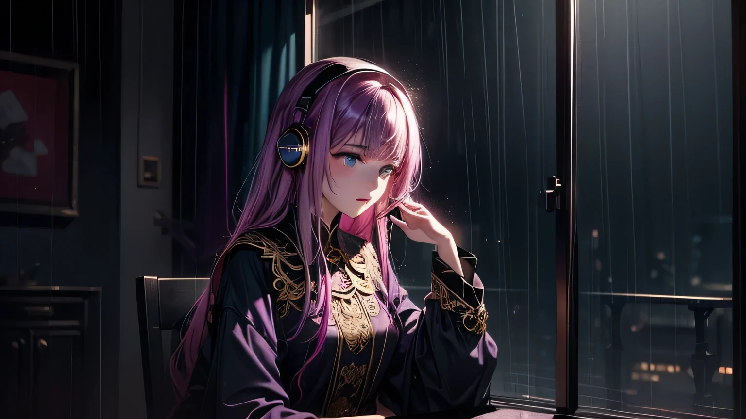 (Intricate details), (****), Eldritch, (nightmare), purple, (Teal:1.2), (black:0.9), Unreasonable, Horror \(theme\), shine, shineing eyes, (Sparkling Gold:1.2), shineing eyes,(red theme:1.2)Rain sound and night view image: Rainy night、A scene of relaxing while looking out the window。 scenario: With the sound of rain and the visuals of the night view as the background、Soft lo-fi music plays。Perfect as background music to help you concentrate on studying or working。 [instrumental](masterpiece, Highest quality, Highest quality, Official Art, beautifully、aesthetic:1.2), (One girl), Very detailed,(Fractal Art:1.3),colorful,Most detailed pink hair、I have headphones on。