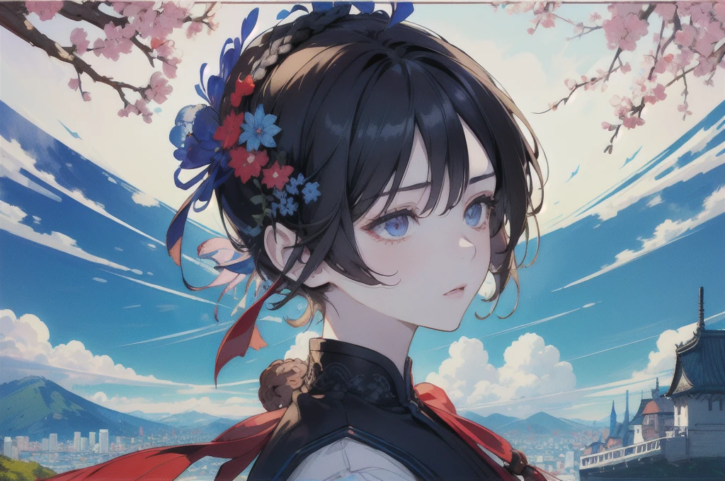 masutepiece, Best Quality,Illustration, Wallpaper, Ultra Detail, absurderes, 1girl in, Solo, (Medium short hair、short braided hair), Beautiful ultra-detailed eyes , (Street:1.3), Sunny bright sky、Hair that flutters in the wind,(a panoramic view:1.5),(Sense of depth:1.3),(longshot:1.3)