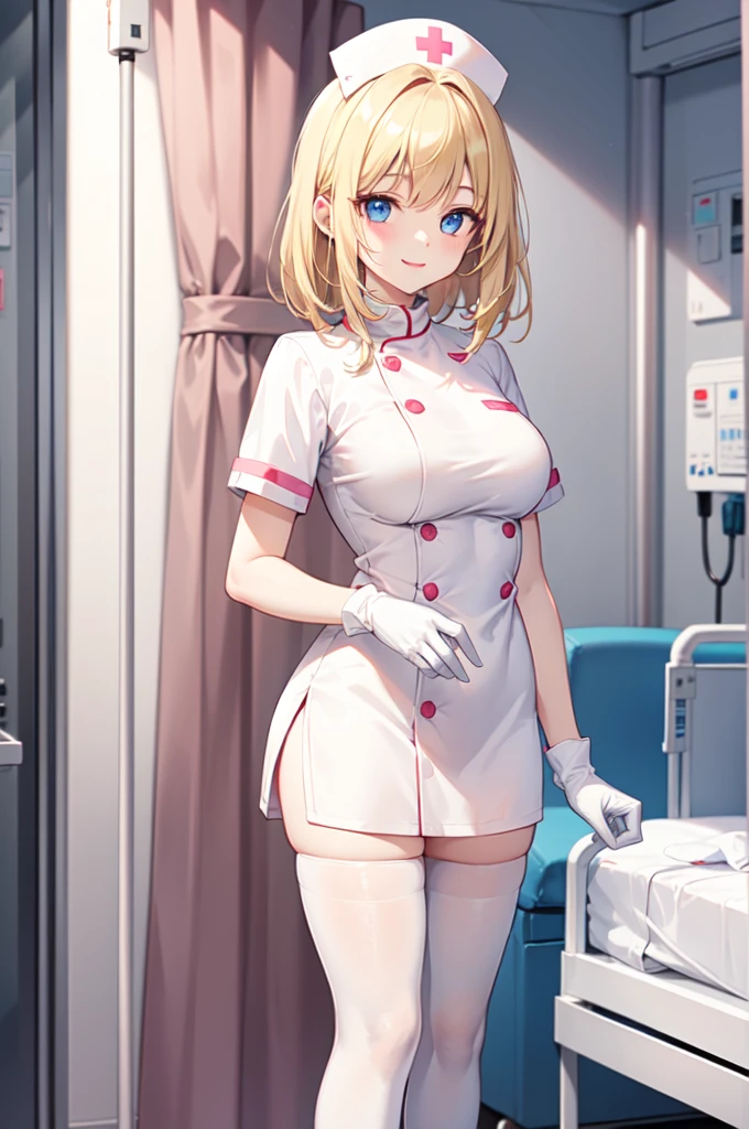 1woman, solo, nurse, white nurse cap, white nurse uniform, ((white legwear, zettai ryouiki)), white gloves, blonde hair, blue eyes, pink lips, smile, standing, ((hospital room)), sharp outline, short sleeves, mature female, 35 years old, best quality, masterpiece