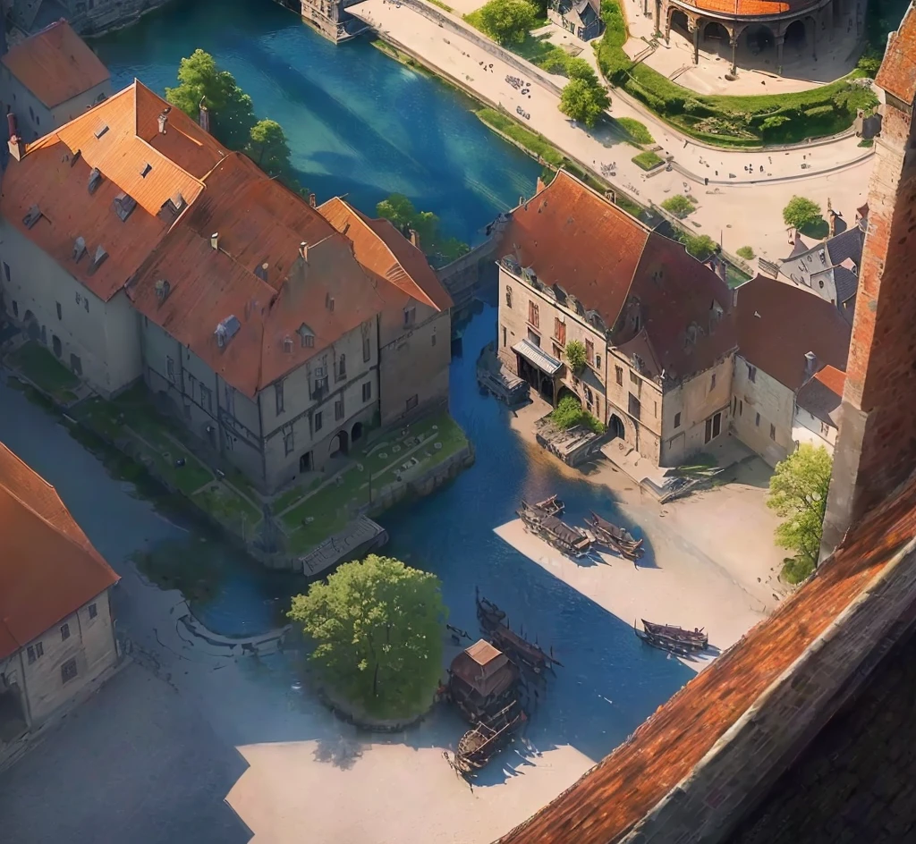 Realism画风，Demonize，A town, There is a river next to it，Sun exposure，Real shadows，roof，Magic，Realism，Medieval architecture，Lots of details, Real photos of the town, Concept Art,The art of math,Clean background, Delicate shine, The art of math,  Best quality，Perfect details