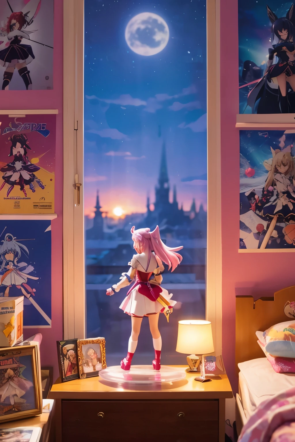A room filled with anime posters and magical girl figures
